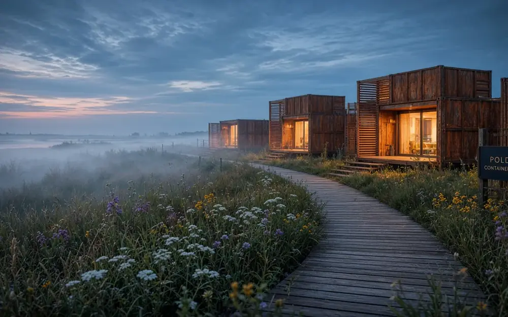 Rij containerunits als tijdelijk hotel in het buitenland